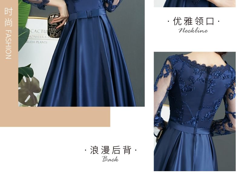 Lace Round Long-Sleeve Gown Neck Panel Evening