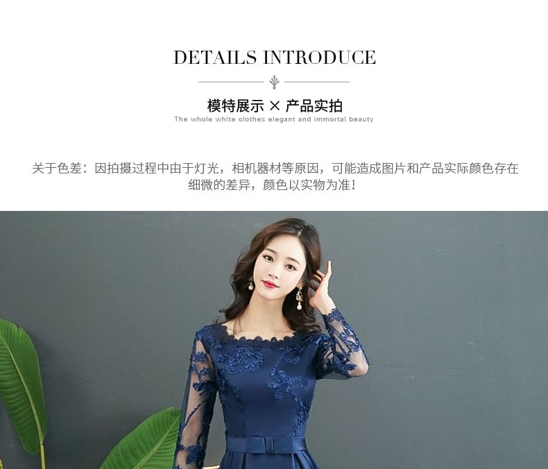 Lace Round Long-Sleeve Gown Neck Panel Evening