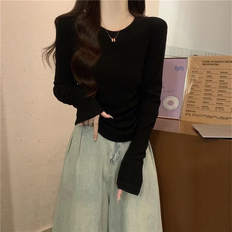 Ruched Plain Crew Neck Long-Sleeved Tee