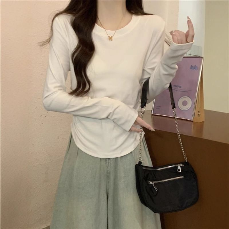 Ruched Plain Crew Neck Long-Sleeved Tee