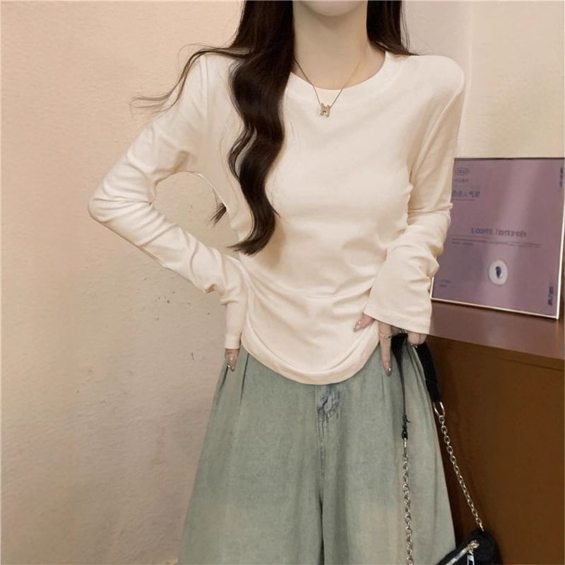 Ruched Plain Crew Neck Long-Sleeved Tee