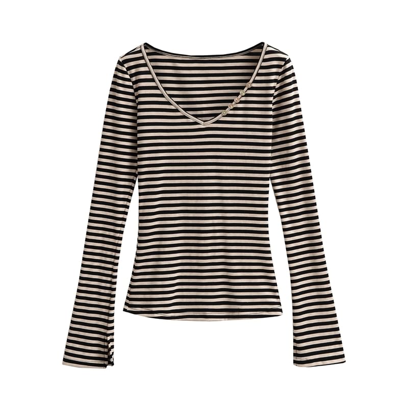 Striped Slim-Fit V-Neck Long-Sleeved Tee