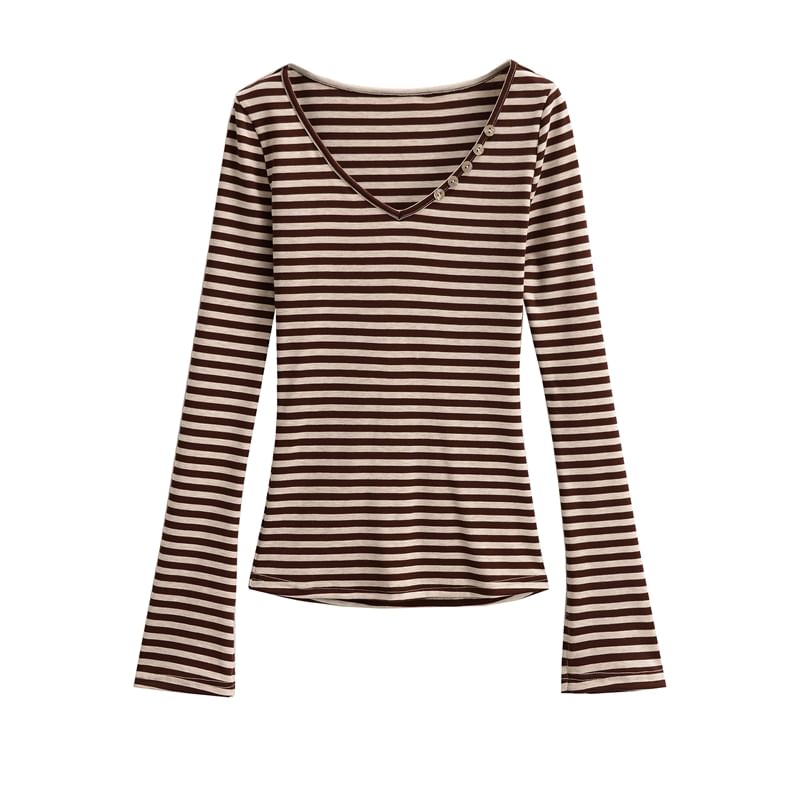Striped Slim-Fit V-Neck Long-Sleeved Tee