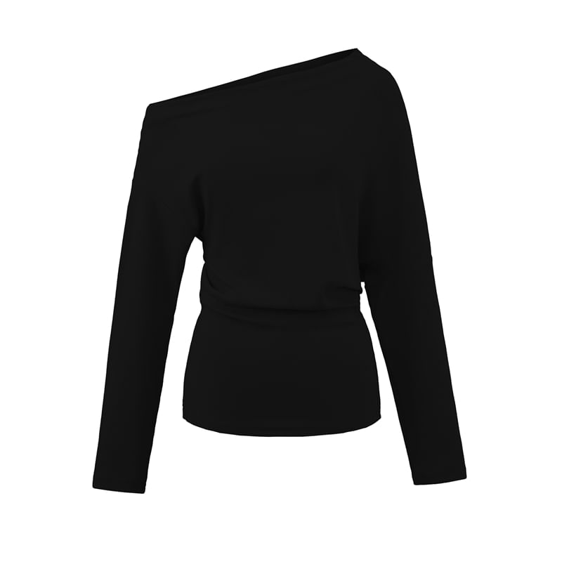 Off-Shoulder Asymmetric Neck Long-Sleeved Tee