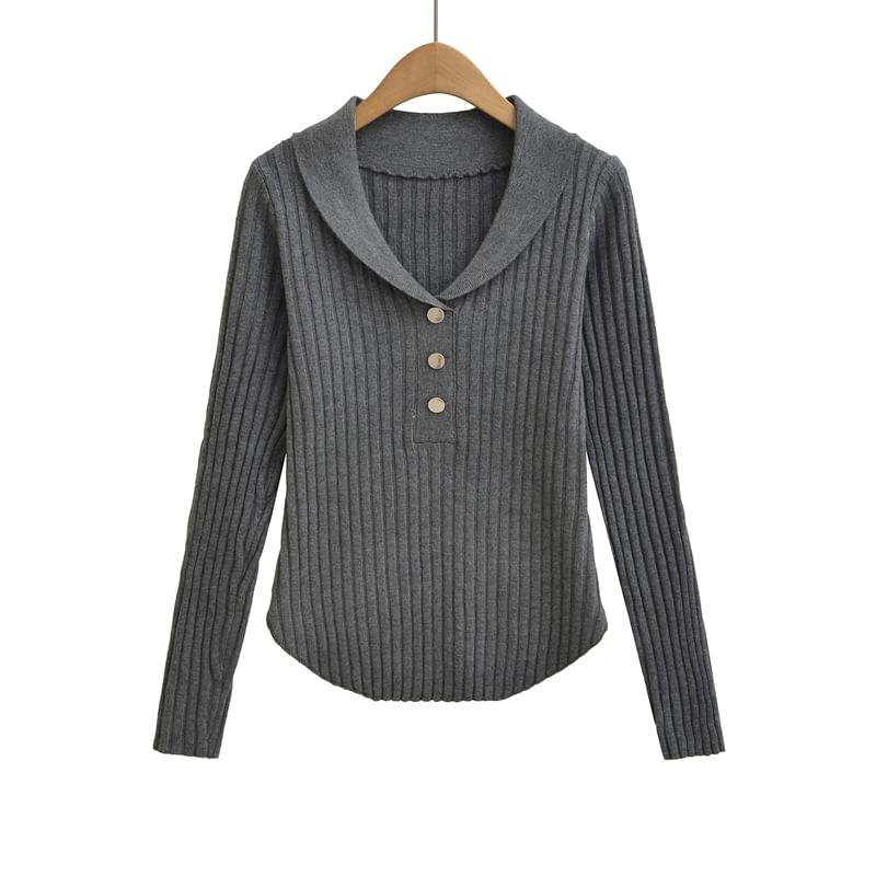 Ribbed Knit Henley Collared Long-Sleeved Top