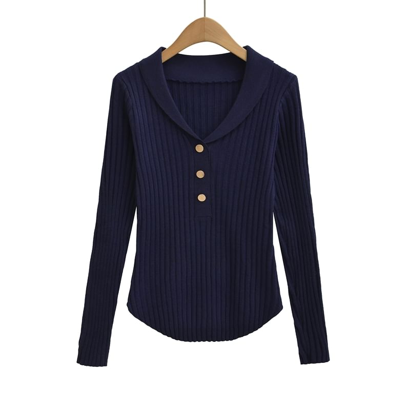 Ribbed Knit Henley Collared Long-Sleeved Top