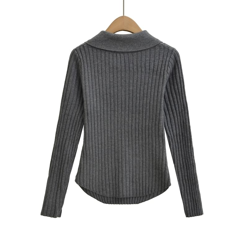 Ribbed Knit Henley Collared Long-Sleeved Top