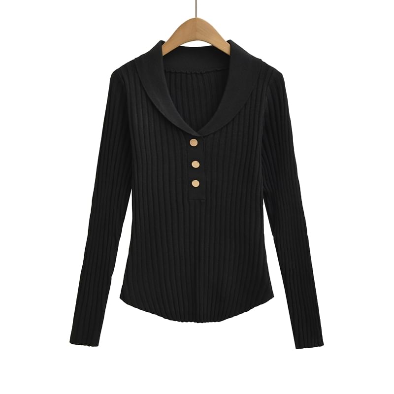 Ribbed Knit Henley Collared Long-Sleeved Top