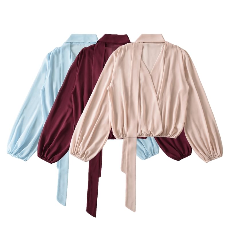 Plain Tie-Neck Long-Sleeved Blouse