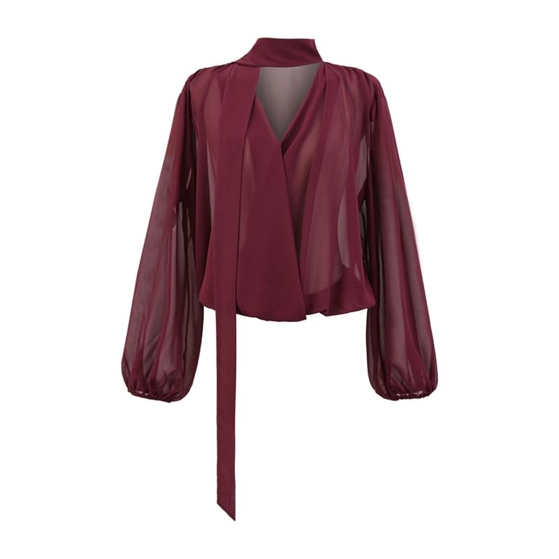 Plain Tie-Neck Long-Sleeved Blouse
