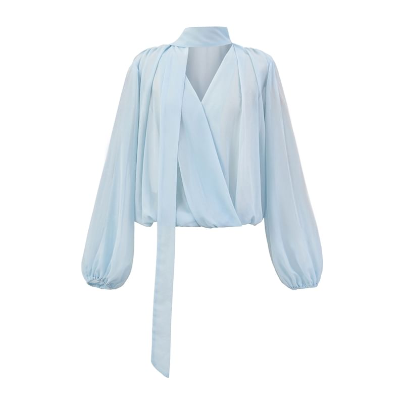 Plain Tie-Neck Long-Sleeved Blouse