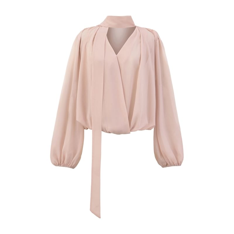 Plain Tie-Neck Long-Sleeved Blouse