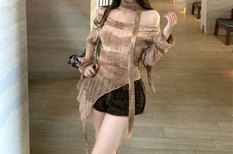 Tie-Dye Off-Shoulder Perforated Slim Top Set with Scarf