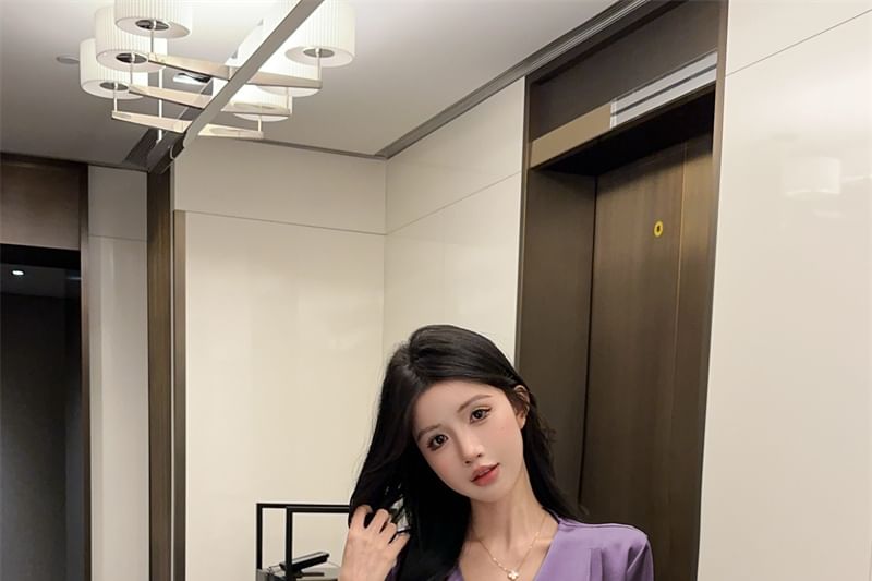 Asymmetric Plain V-Neck Long-Sleeved Blouse Set with Belt