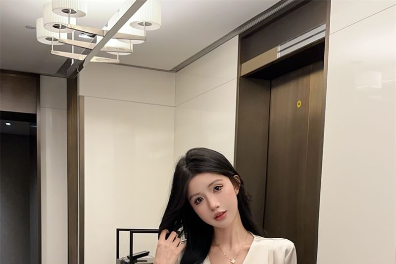Asymmetric Plain V-Neck Long-Sleeved Blouse Set with Belt