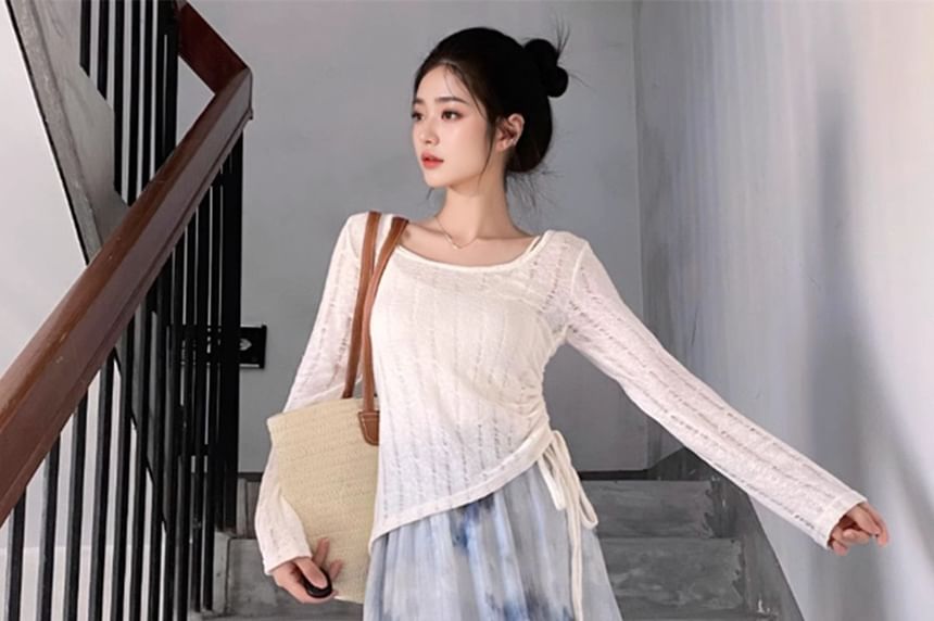 Sheer Perforated Drawstring Scoop Neck Knit Top Set
