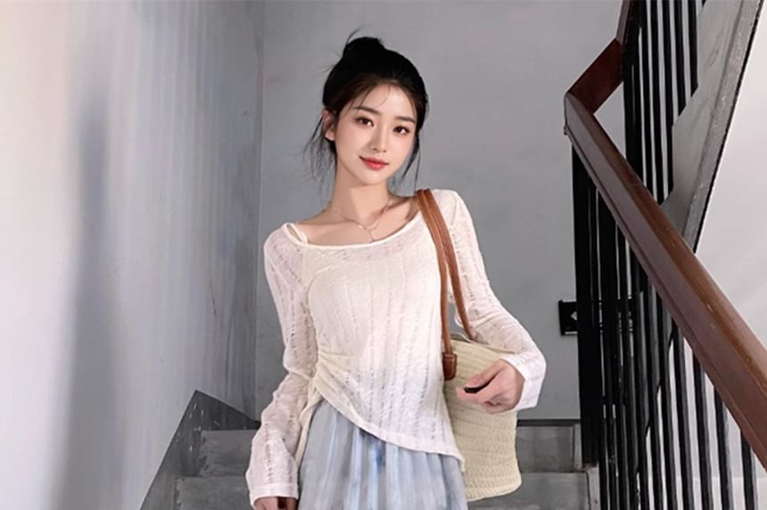 Sheer Perforated Drawstring Scoop Neck Knit Top Set