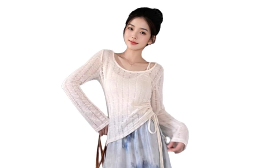 Sheer Perforated Drawstring Scoop Neck Knit Top Set