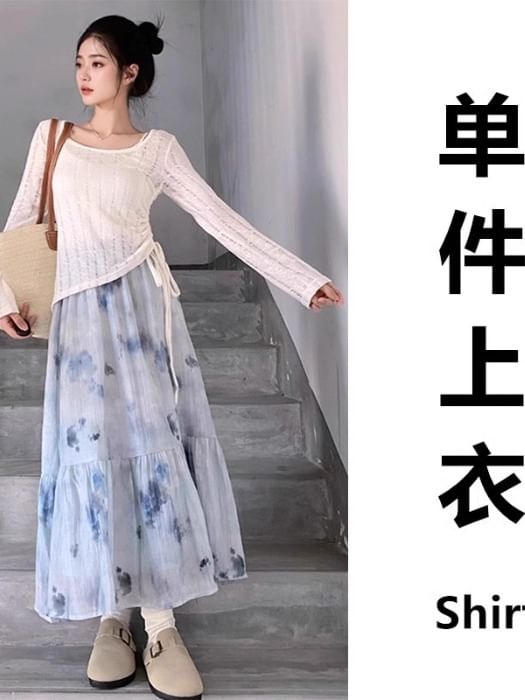 Sheer Perforated Drawstring Scoop Neck Knit Top Set
