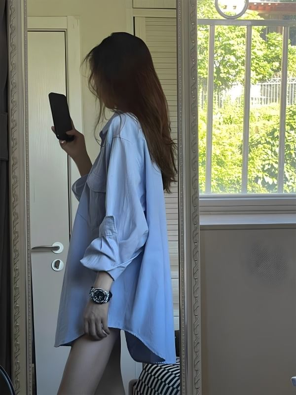 Oversized Plain Button-Up Long-Sleeved Shirt