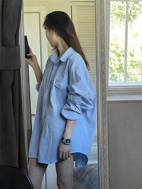 Oversized Plain Button-Up Long-Sleeved Shirt