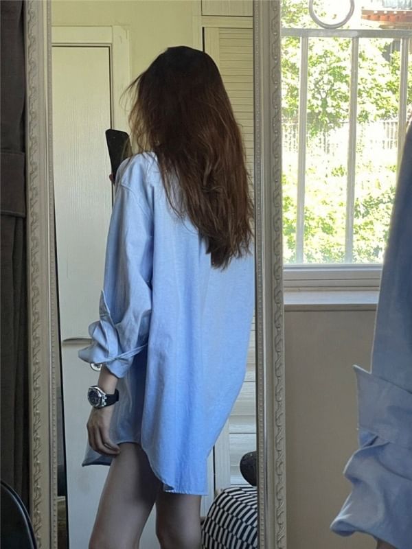 Oversized Plain Button-Up Long-Sleeved Shirt