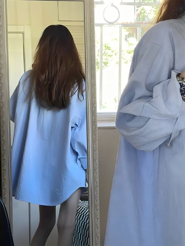 Oversized Plain Button-Up Long-Sleeved Shirt