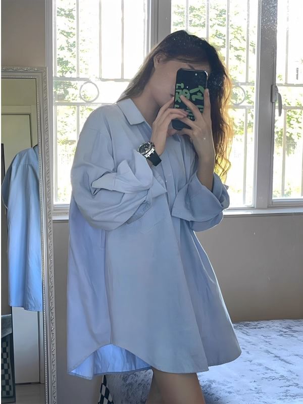 Oversized Plain Button-Up Long-Sleeved Shirt