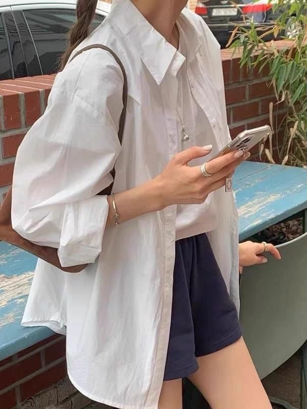 Oversized Plain Button-Up Long-Sleeved Shirt