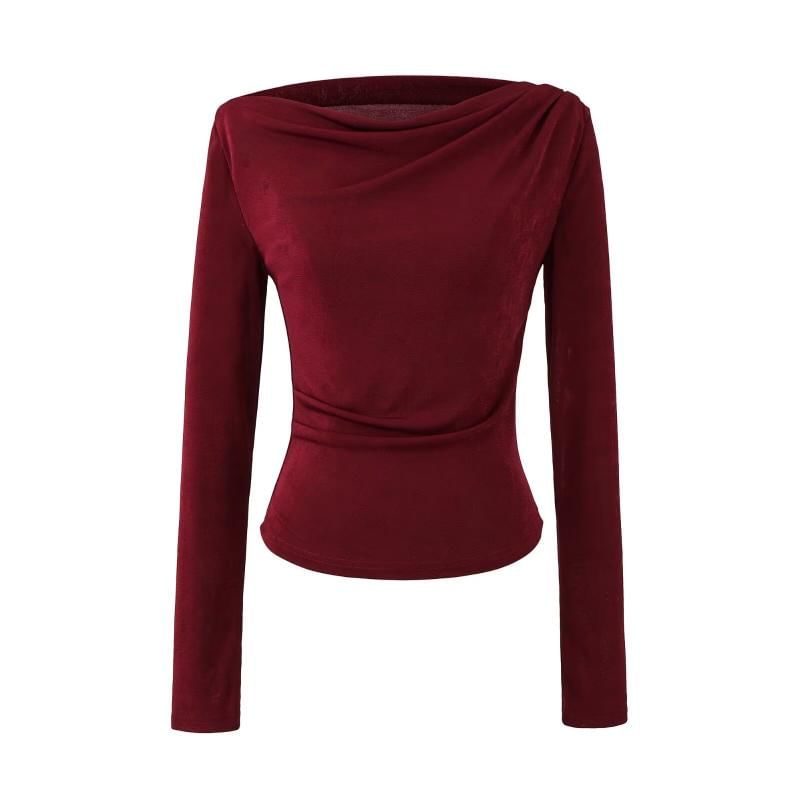 Ruched Plain Cowl Neck Long-Sleeved Tee