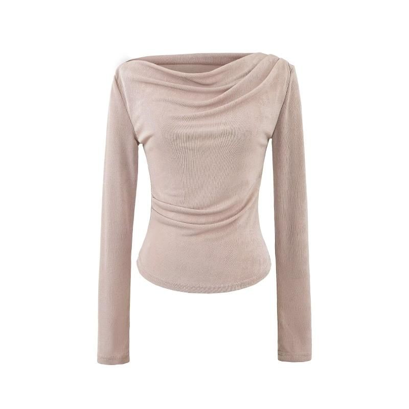 Ruched Plain Cowl Neck Long-Sleeved Tee