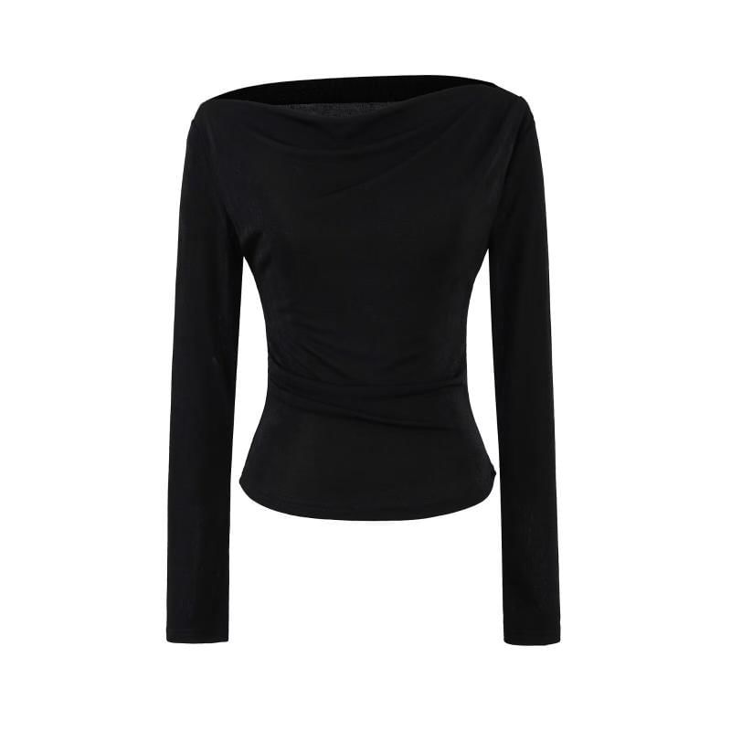 Ruched Plain Cowl Neck Long-Sleeved Tee