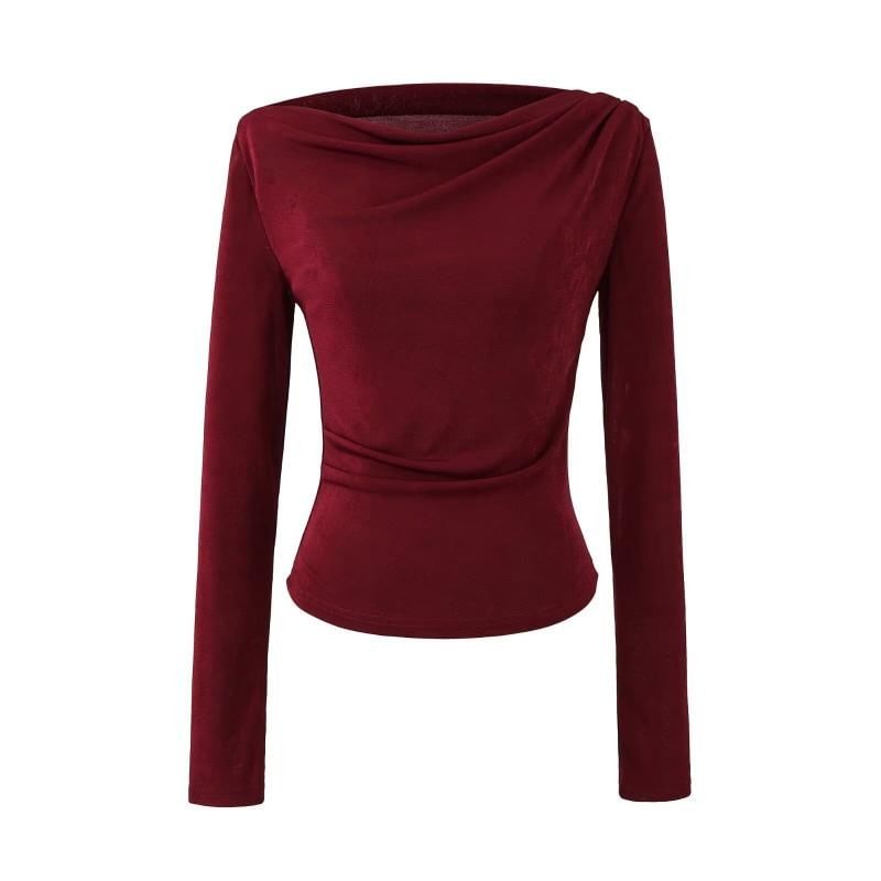 Ruched Plain Cowl Neck Long-Sleeved Tee
