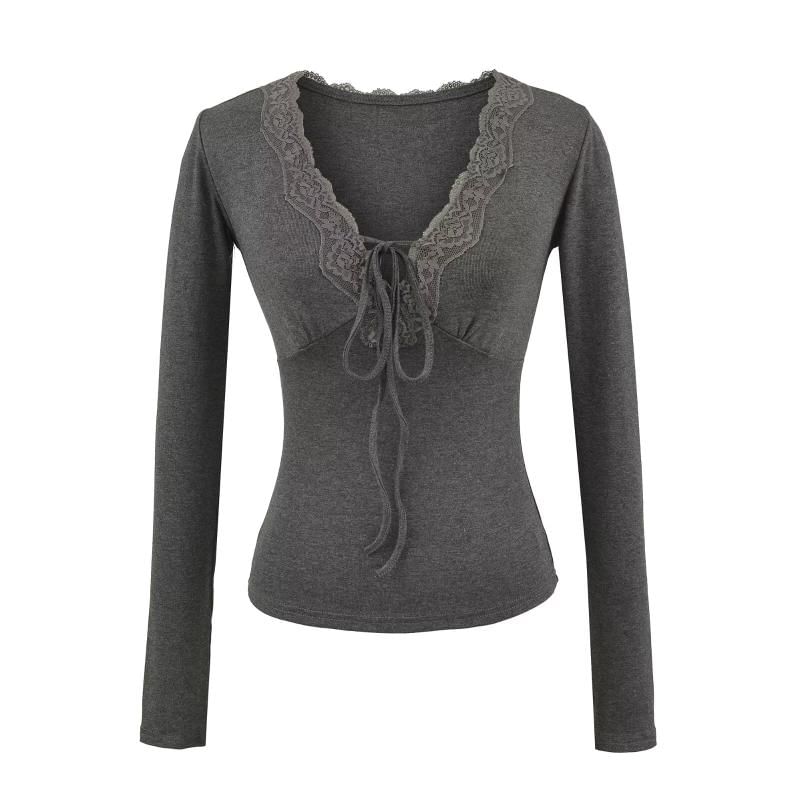 Lace-Trim Plain V-Neck Long-Sleeved Tee