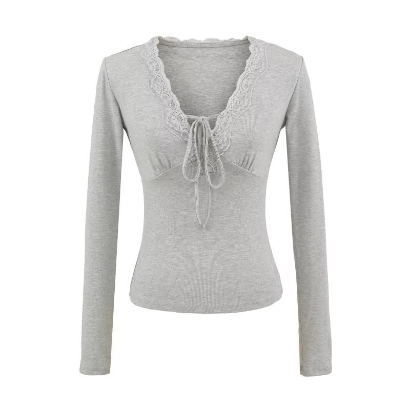 Lace-Trim Plain V-Neck Long-Sleeved Tee