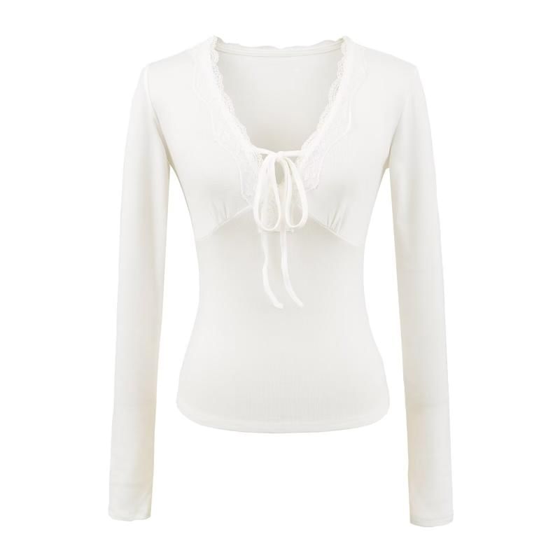 Lace-Trim Plain V-Neck Long-Sleeved Tee
