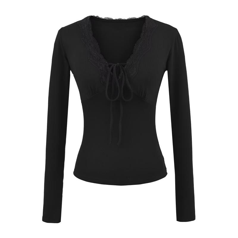 Lace-Trim Plain V-Neck Long-Sleeved Tee
