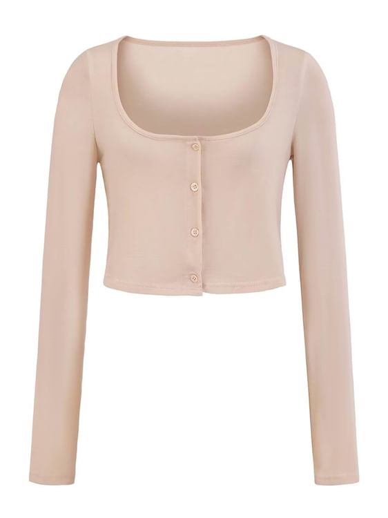 Plain Button-Up Square Neck Long-Sleeved Crop Tee
