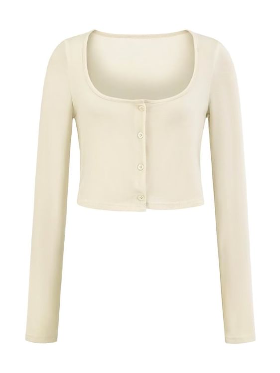 Plain Button-Up Square Neck Long-Sleeved Crop Tee