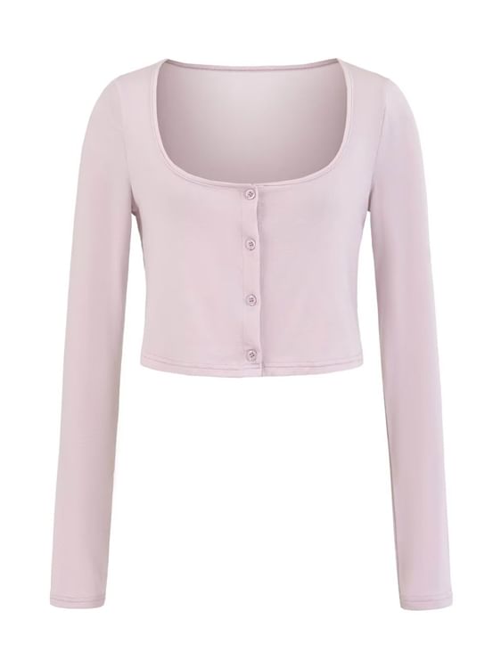 Plain Button-Up Square Neck Long-Sleeved Crop Tee