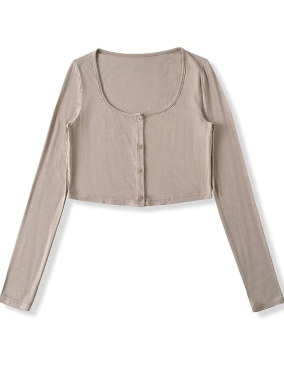 Plain Button-Up Square Neck Long-Sleeved Crop Tee
