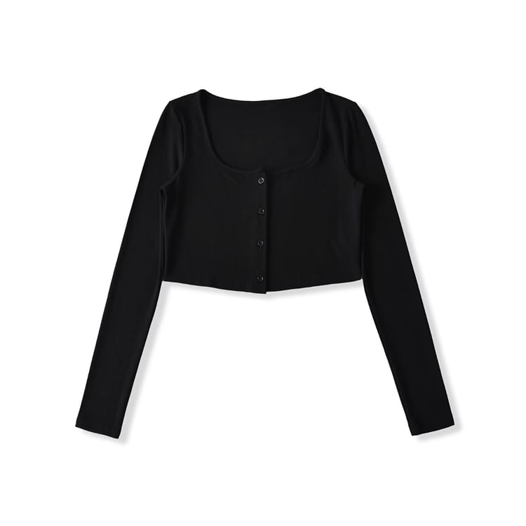 Plain Button-Up Square Neck Long-Sleeved Crop Tee