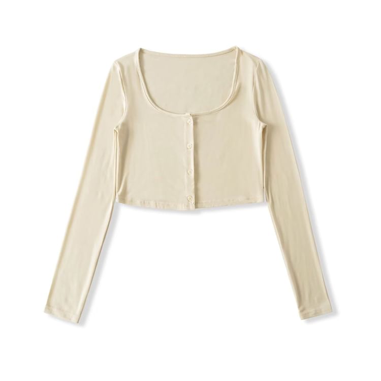 Plain Button-Up Square Neck Long-Sleeved Crop Tee