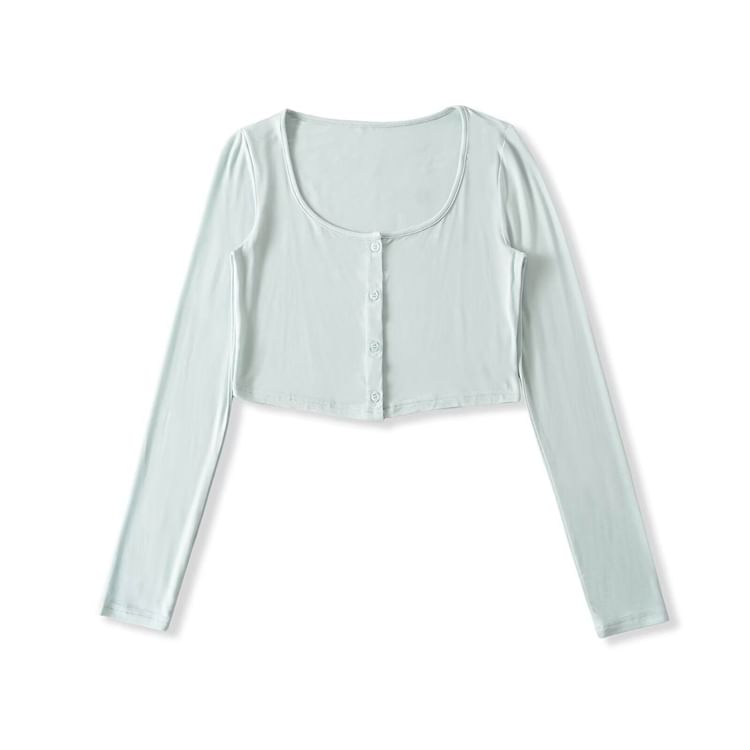 Plain Button-Up Square Neck Long-Sleeved Crop Tee