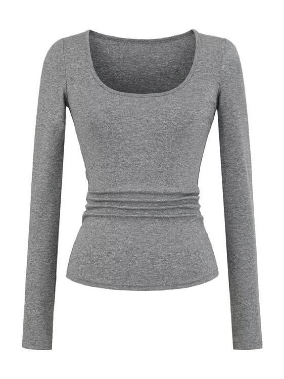 Ruched Plain Scoop Neck Long-Sleeved T-Shirt