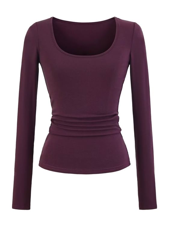 Ruched Plain Scoop Neck Long-Sleeved T-Shirt