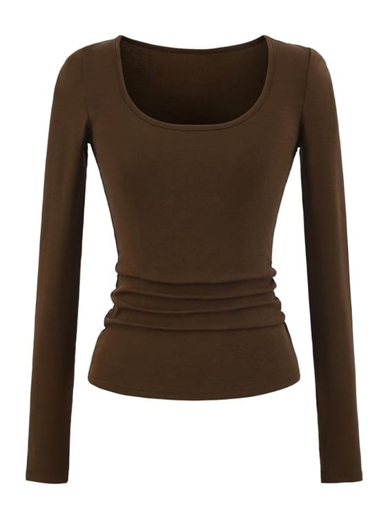 Ruched Plain Scoop Neck Long-Sleeved T-Shirt