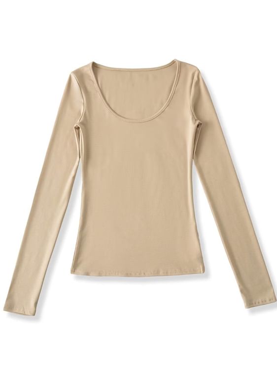 Ruched Plain Scoop Neck Long-Sleeved T-Shirt