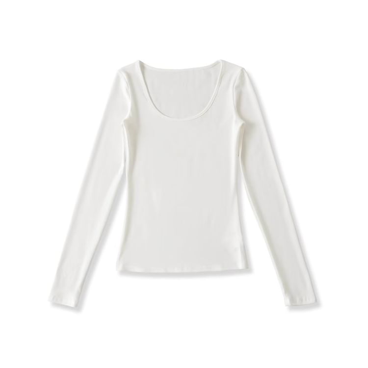 Ruched Plain Scoop Neck Long-Sleeved T-Shirt