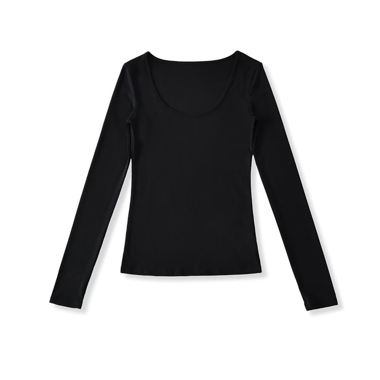 Ruched Plain Scoop Neck Long-Sleeved T-Shirt